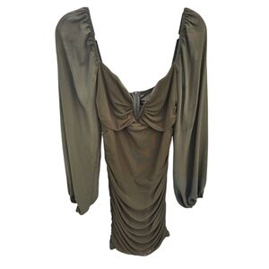 L'VOW Ruched Plunge V Neck Bodycon Mesh Puff Long Sleeve Dress  XL Olive Green